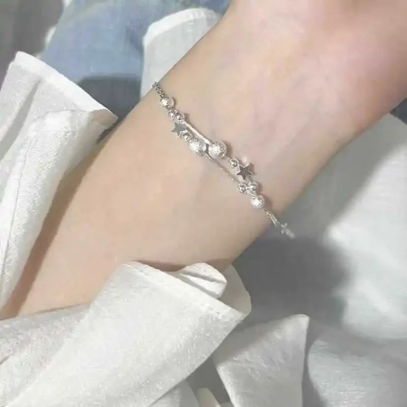 Pulsera de plata de ley 925 con cuentas de estrellas para mujer, brazalete de cadena de doble capa, diseño coreano Vintage, joyería para fiesta y boda