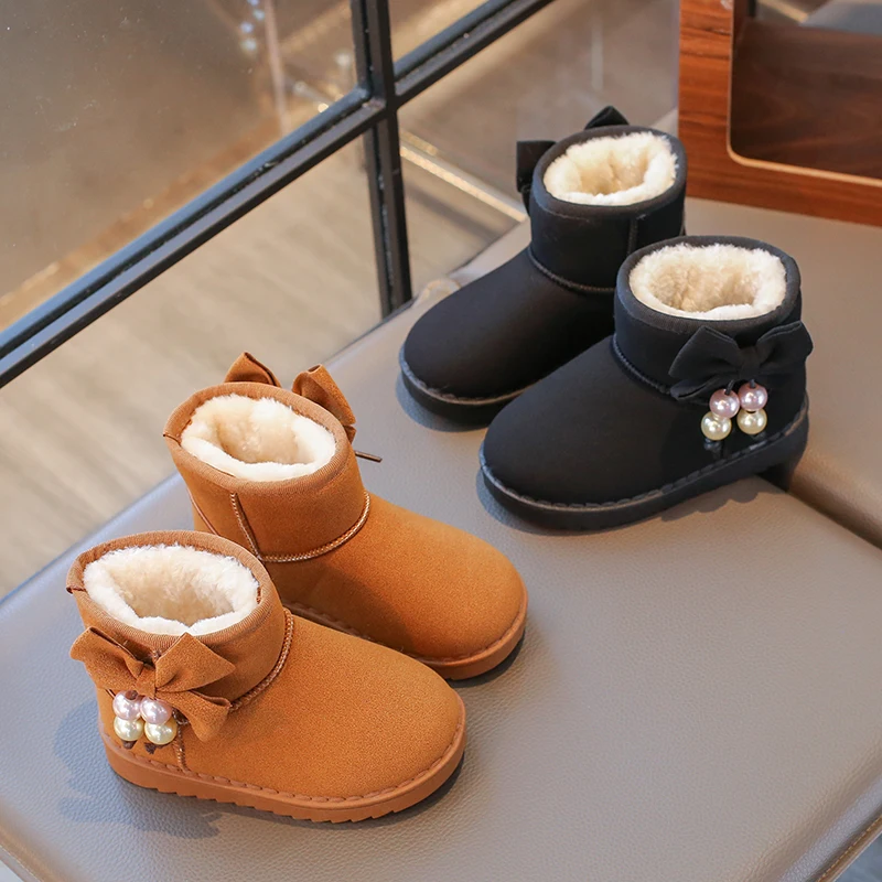 

Girls' Snow Boots 2025 Autumn/Winter New Plush Insulation Kid's Cotton Shoes Butterfly Knot Pearl Children's Shoes
