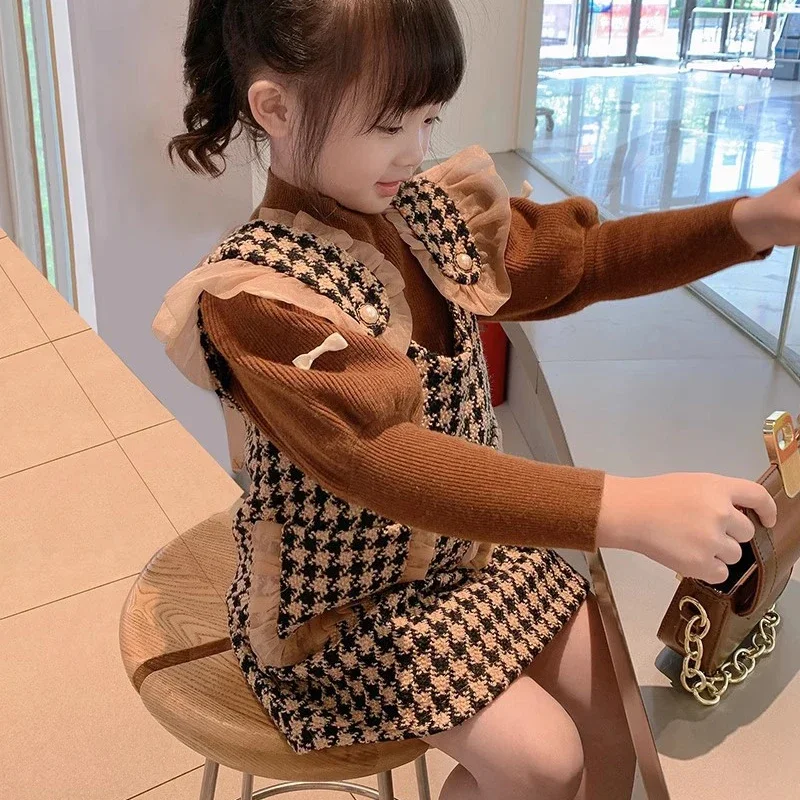 Children Autumn and Winter New Plush Set Fashion Baby Sweater Plaid Skirt Two Piece Wholesale Toddler Clothes