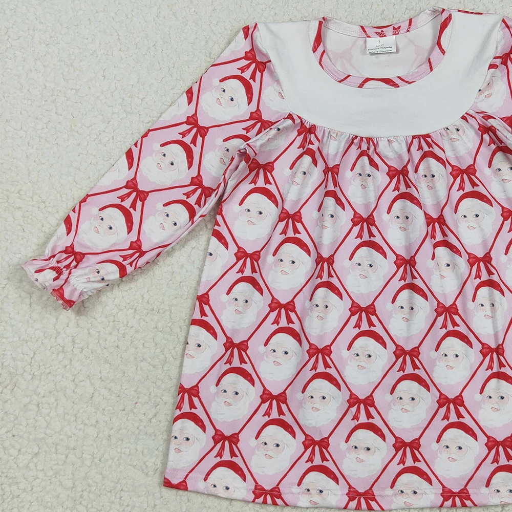 فستان للفتيات الصغيرات لعيد الميلاد منقوش بطول الركبة وردي بأكمام طويلة وتفاصيل فيونكة سانتا فستان عطلة للأطفال منقوش باللون الأحمر #6