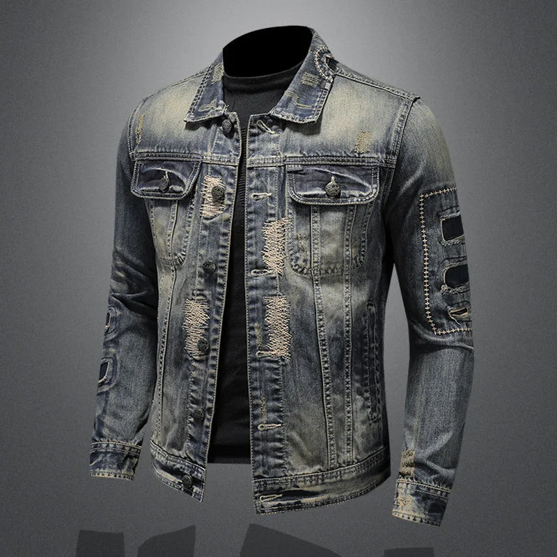 2023 Spring and Autumn New Fashion Trend Ripped Vintage Jeans Jacket Men\'s Casual Loose Comfortable High Quality Plus-Size Coat