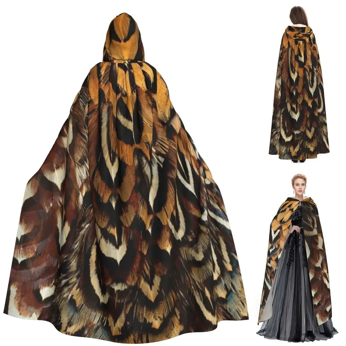 Feather Long Hooded Cloak Witch Medieval Costume Cosplay Cape HalloweenParty Adult Unisex