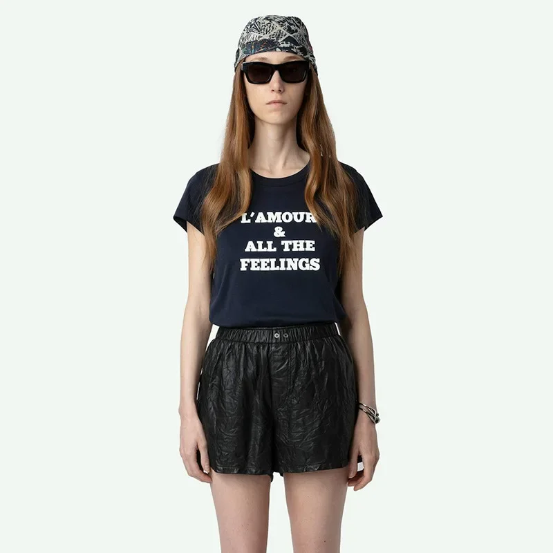 

25 Summer New French Niche Letter Print Hem Curved Cotton Black Slim Women's Short-sleeved T-shirt