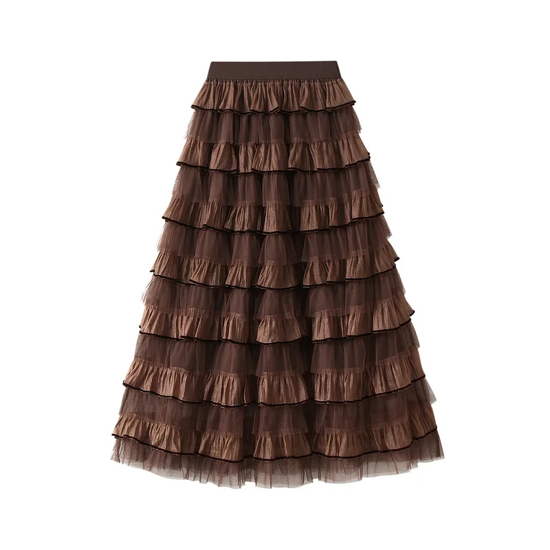 Ruffled Edge Mesh Cake Half Body Fluffy Yarn Skirt for Women, French Design, , Medium length skirt, mini skirt, princess skirt