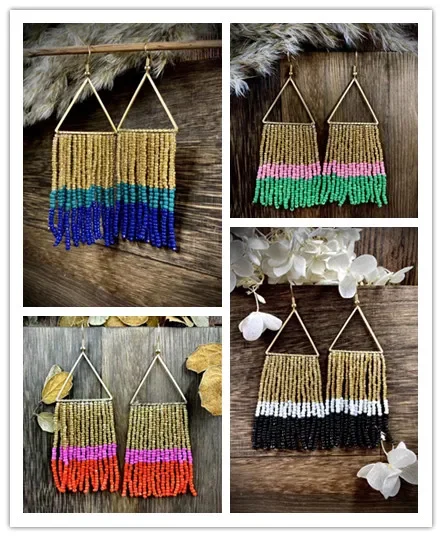 

Rice Bead Earrings Hand knitting Beaded triangle Simplicity new pattern Bohemia geometry alloy ma'am Tassel Earrings