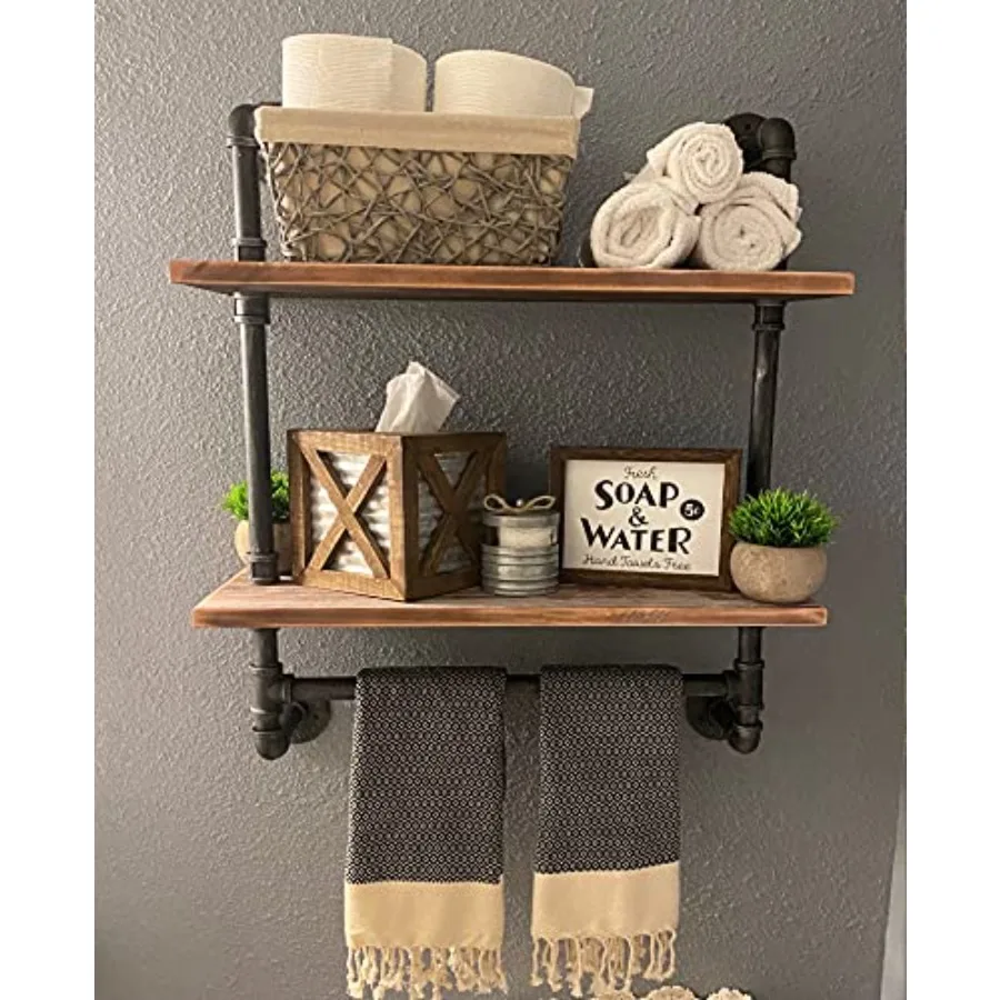 

Industrial Pipe Shelf Bathroom Shelves Wall Mounted, 2 Tier 19.6in Rustic Wood Floating Shroom Decor Wall Shelfelves with Towel