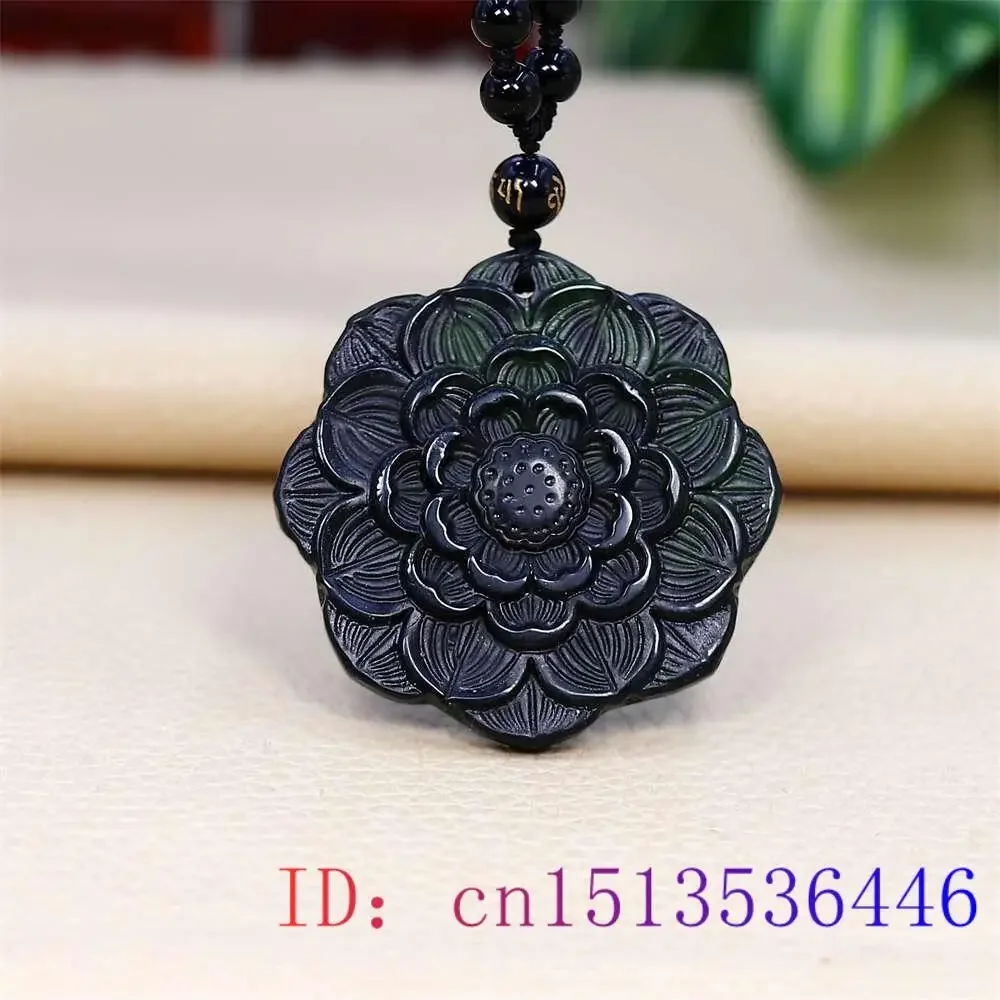 

Black Green Jade Lotus Pendant Necklace Charms Fashion Talismans Natural Jewelry Amulets Carved Pendants Vintage Man Necklaces