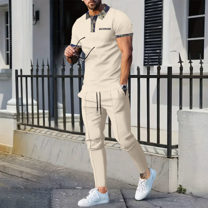 Men's Two Piece Set Polo Shirt Jogger Pants Patterned Collar Cuff Casual Daily Matching Outfit