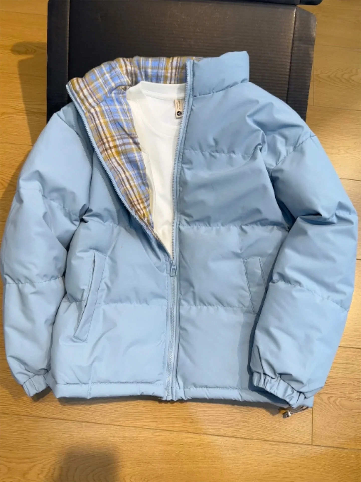 Blue Plaid Lined Thickened Cotton Jacket Men's Winter Warm Short Style Stand Collar Splicing Bread Style Coat for Teenagers