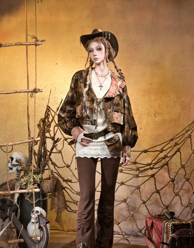 الملابس النسائية Y2k قصيرة سستة طويلة الأكمام سترة جلدية 2025 شتاء جديد اليابانية الشرير نمط تصميم رائع معطف جلد فو #6