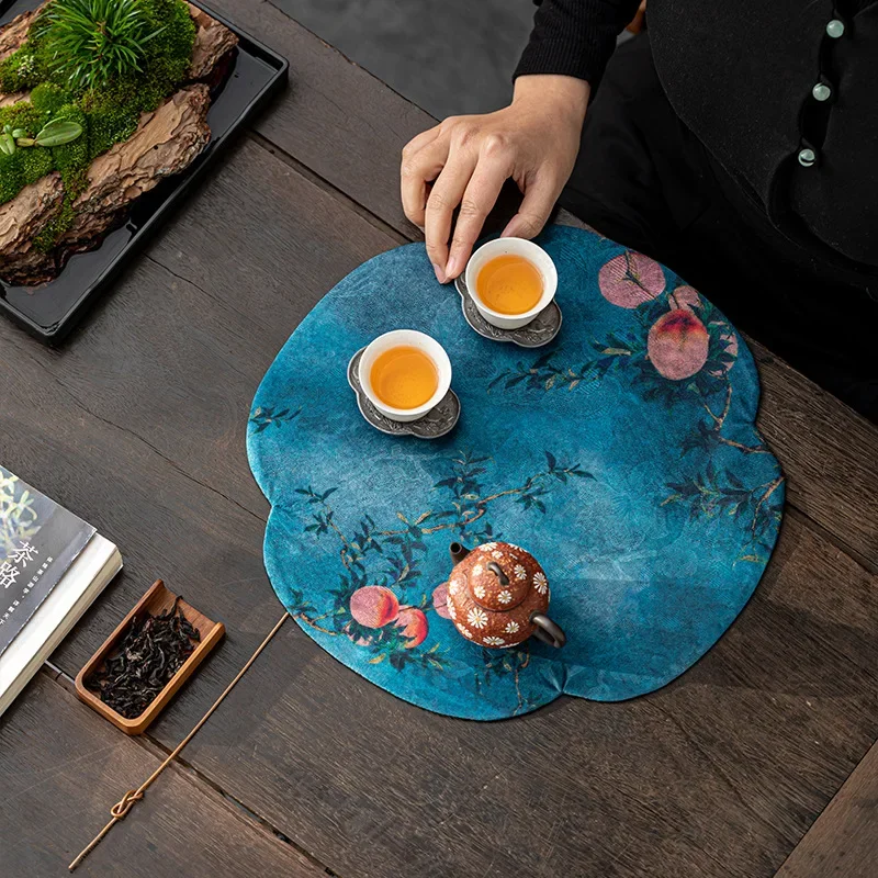 Imitation Xiangyun Yarn Round Dry Pour Tea Mat New Chinese Zen Double-Sided Insulated Vintage Tablecloth Tea Cloth Tea Towel