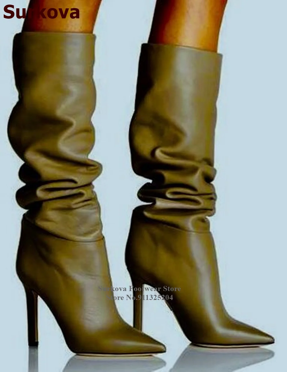 

Surkova Army Green Matte Leather Folded Knee Boots Stiletto Heels Pointed Toe Pleated Long Boots Nightclub Dress Shoes Size46