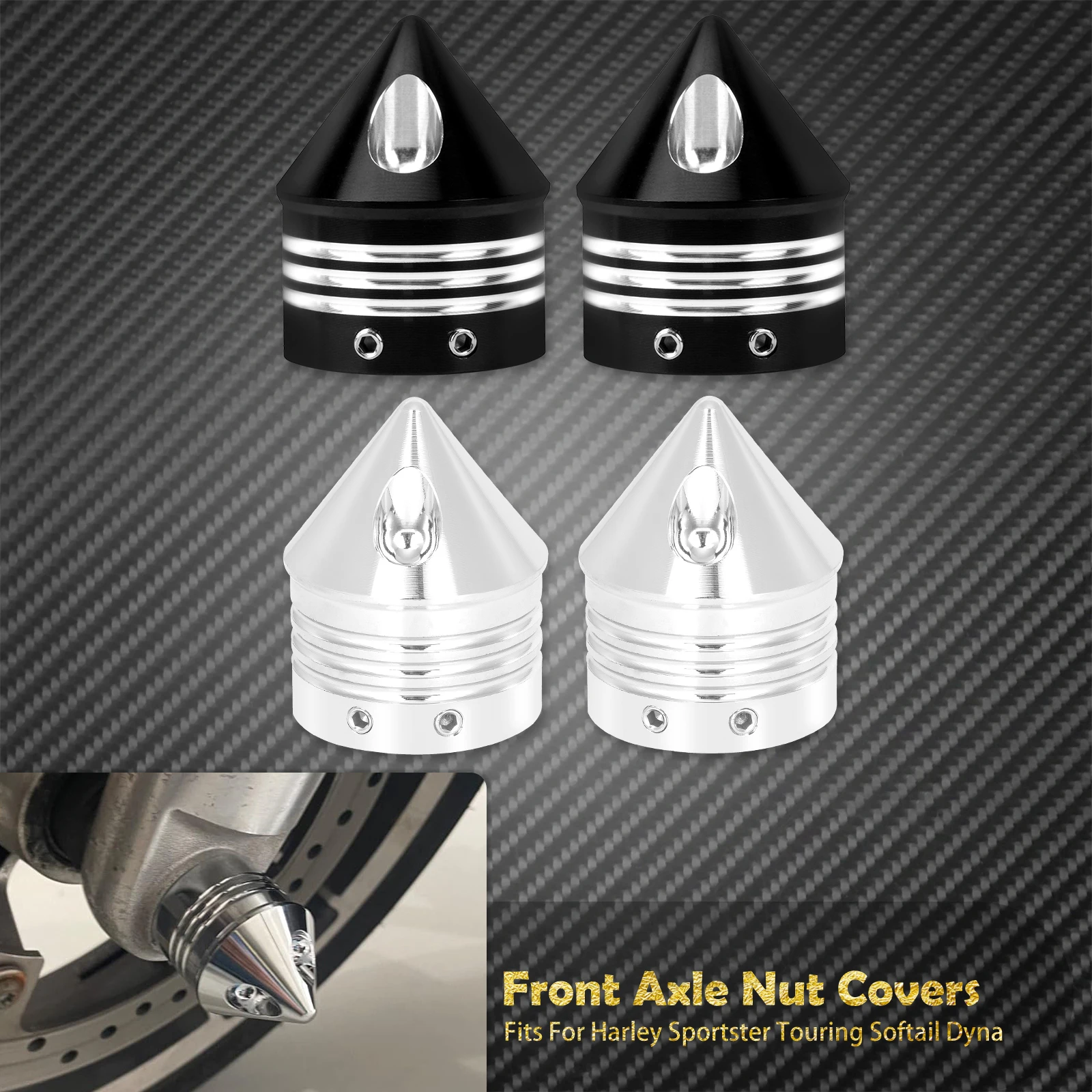 2xMotorcycle Front Axle Nut Covers Caps Aluminum Black/Chrome For Harley Sportster Touring Softail Dyna VRSC Fat Bob Wide Glide