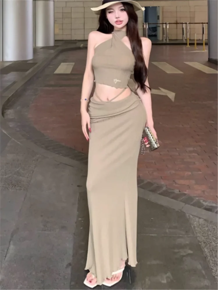 Conjuntos de dos piezas de punto ajustados para chica picante, camisola corta ajustada con cordones en la espalda, Top y falda larga de tubo de cintura baja