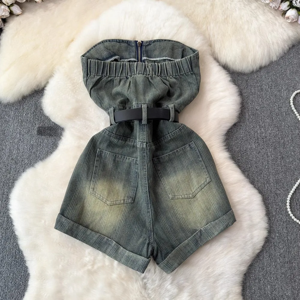 Vintage Denim Playsuit Women Summer Sleeveless Sexy Skinny Jumpsuit With Belt Overalls Rompers Monos Mujer