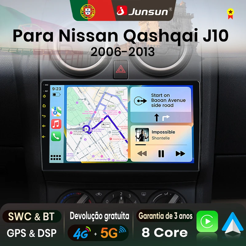 Junsun 8-rdzeniowe radio samochodowe do Nissan Qashqai J10 2006-2013 z bezprzewodowym Apple CarPlay, Android Auto, GPS, nawigacją, WiFi, DSP, RDS, BT, SWC, multimedialnym odtwarzaczem i systemem