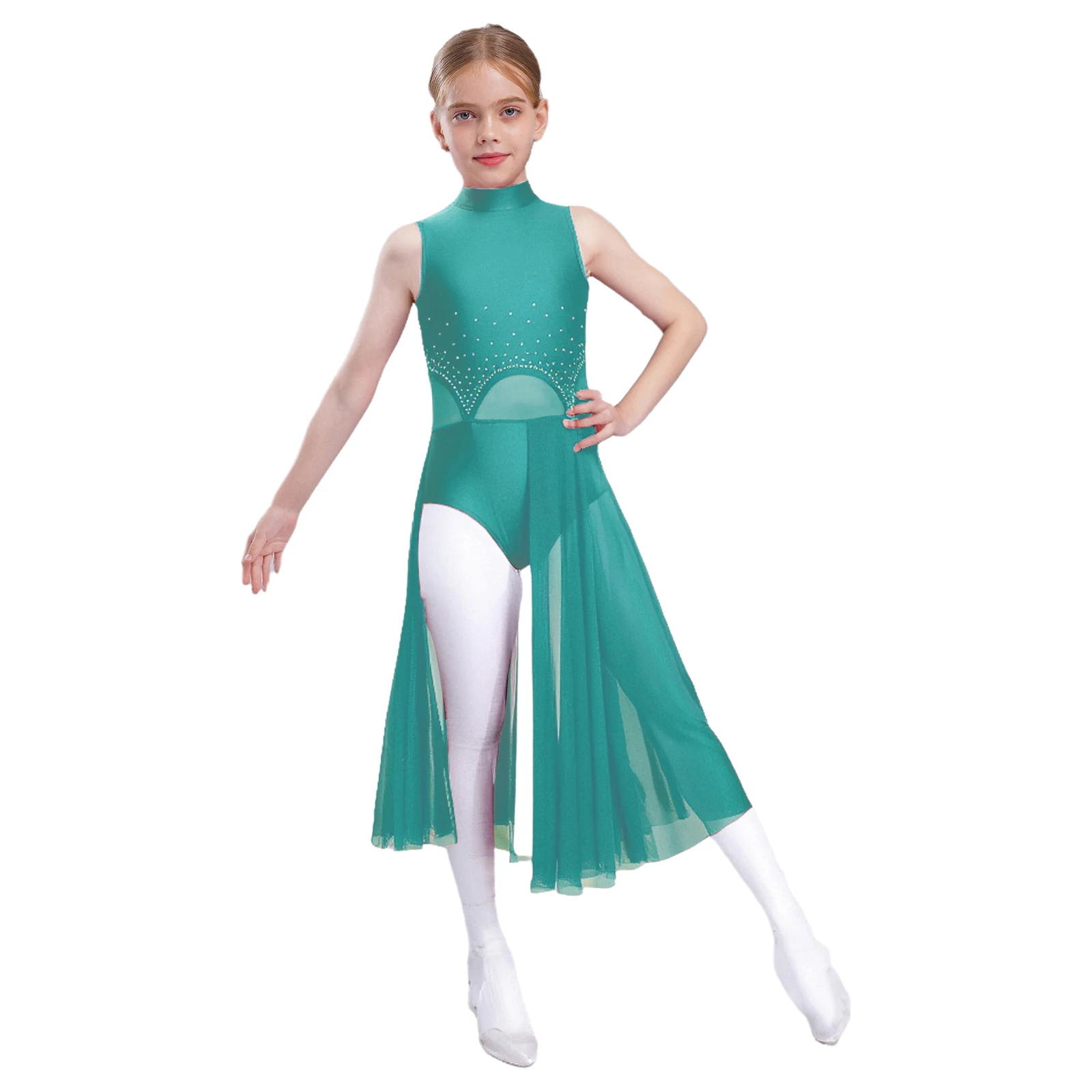 

Girls Modern Lyrical Dance Dress Dance Sheer Mesh Back Cutout Shiny Rhinestones Dress for Jazz Latin Dance Stage Performance