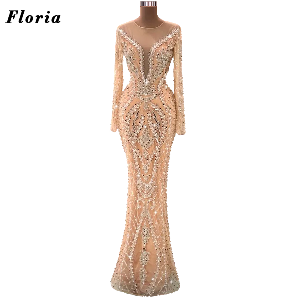 Robe De soirée longue en forme De sirène, style arabe, tenue scintillante De fête, perles De Couture, Champagne, paillettes, 2022