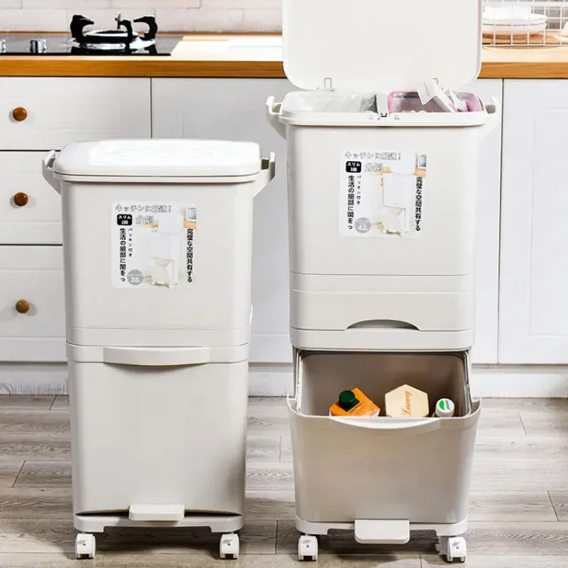 Kitchen Classification Waste Bins 2 Layers Large Capacity Dry and Wet Trash Separation Odor Prevention Lid Modern Trash Solution