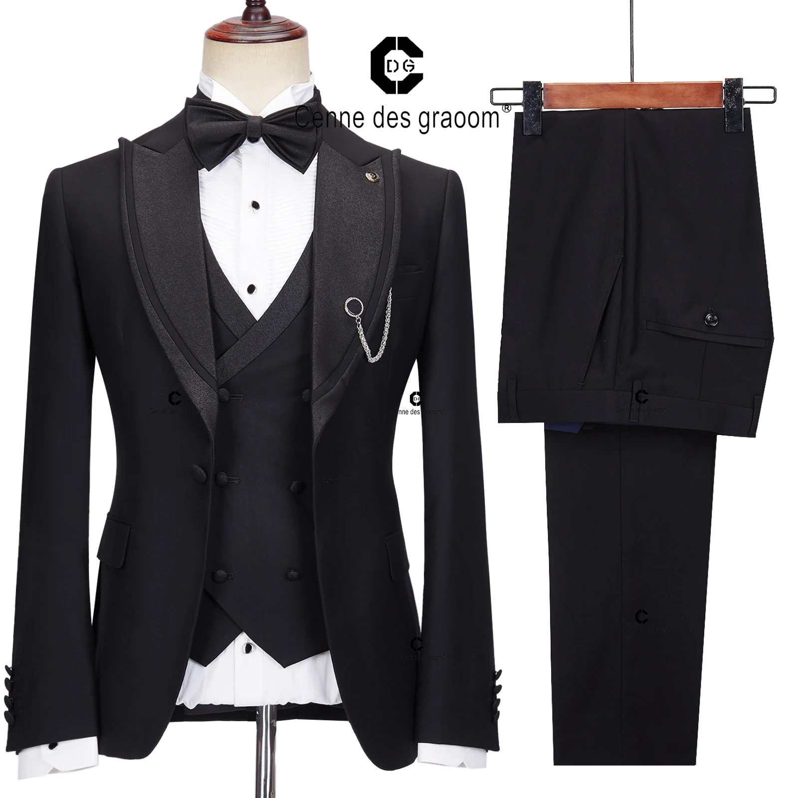 

Cenne Des Graoom 2023 Elegant Suits for Men Black Tuxedo Jacket Vest Pants with Bowtie 4pcs Set Ceremony Wedding Dress Grooms