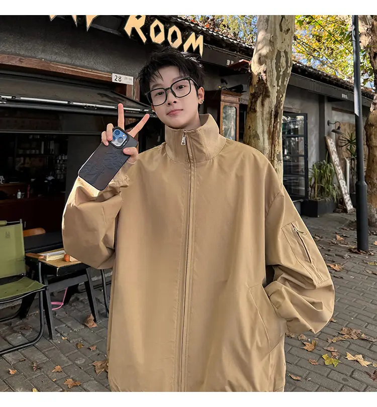 2025Spring New jacket man baggy Bomber jacket Windbreaker Men's Zipper Casual Jacket Solid loose coat Fashion trend Stand collar