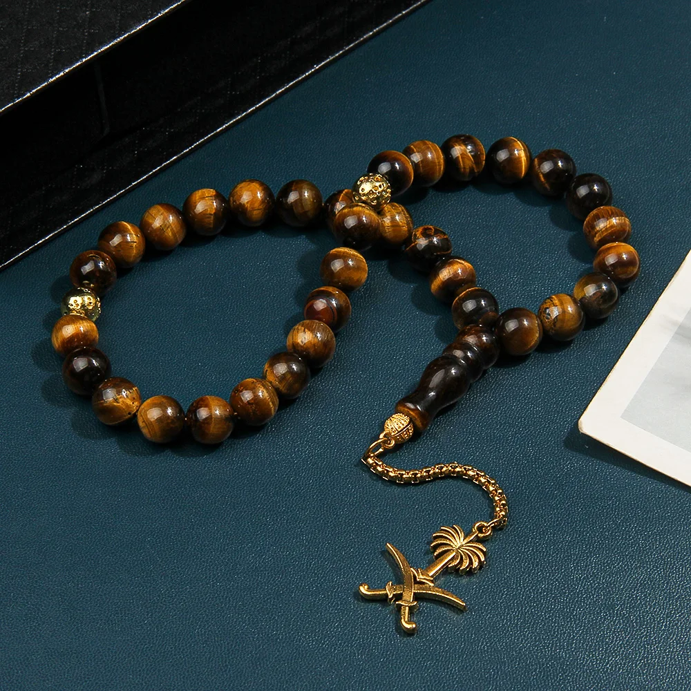 10mm Natural Tiger Eye Stone Bead Bracelet Exquisite Pendant Muslim Bead Bracelet - Ideal Gift for Eid Al Fitr and Ramadan