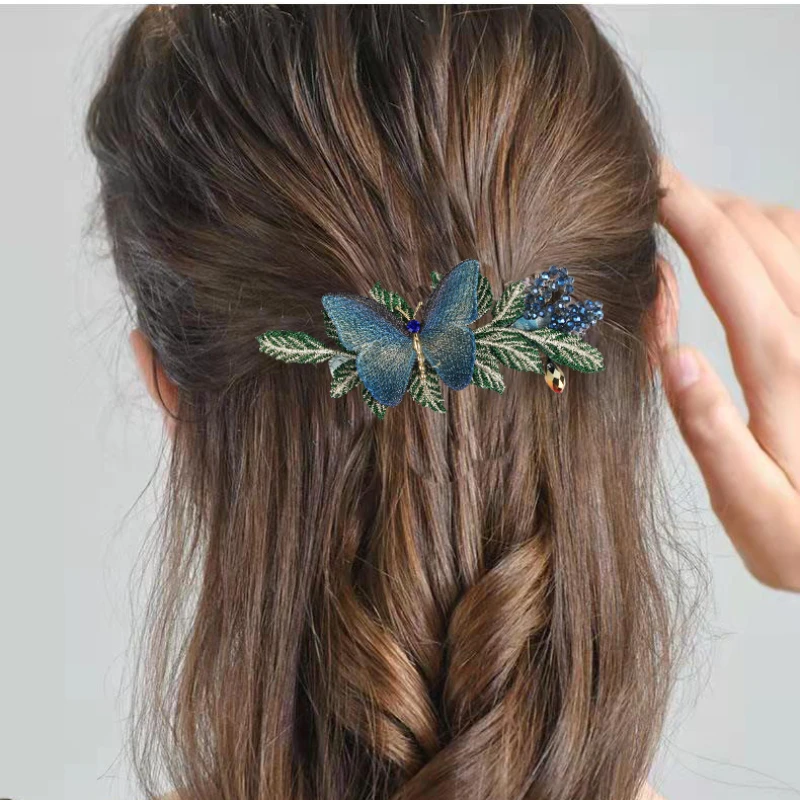 Elegant Embroidery Butterfly Hairpin Hair Accessories for Women Retro Luxury Back Head Spoon Spring Clip Headwear Jewelry Tiara