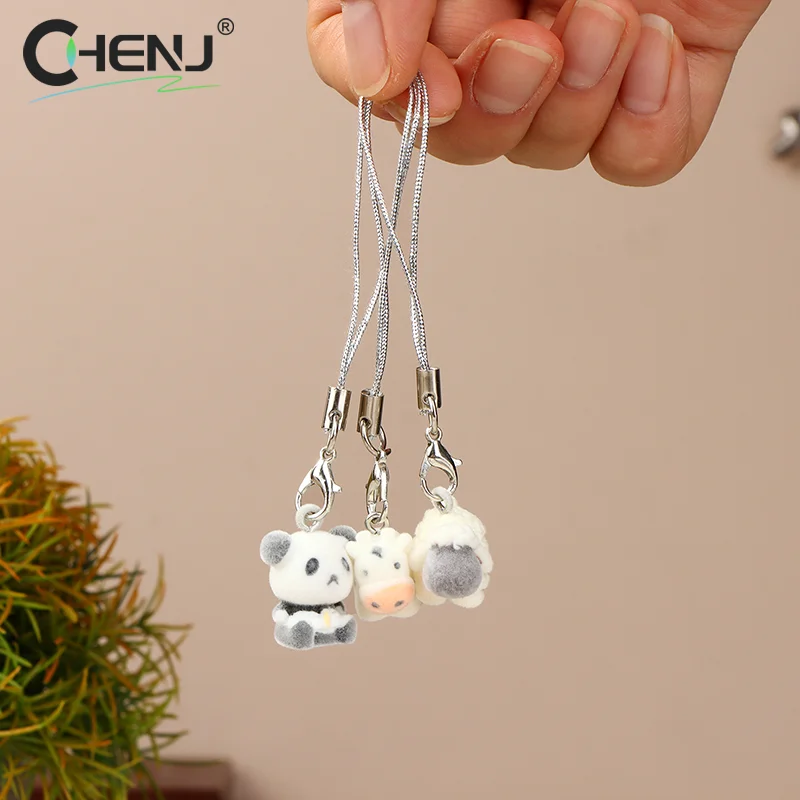 1pcs Kawaii Flocking Panda Sheep Cow Phone Lanyard Cute Plush Animal Phone Charm Mobile Phone Strap Keychain Accessories