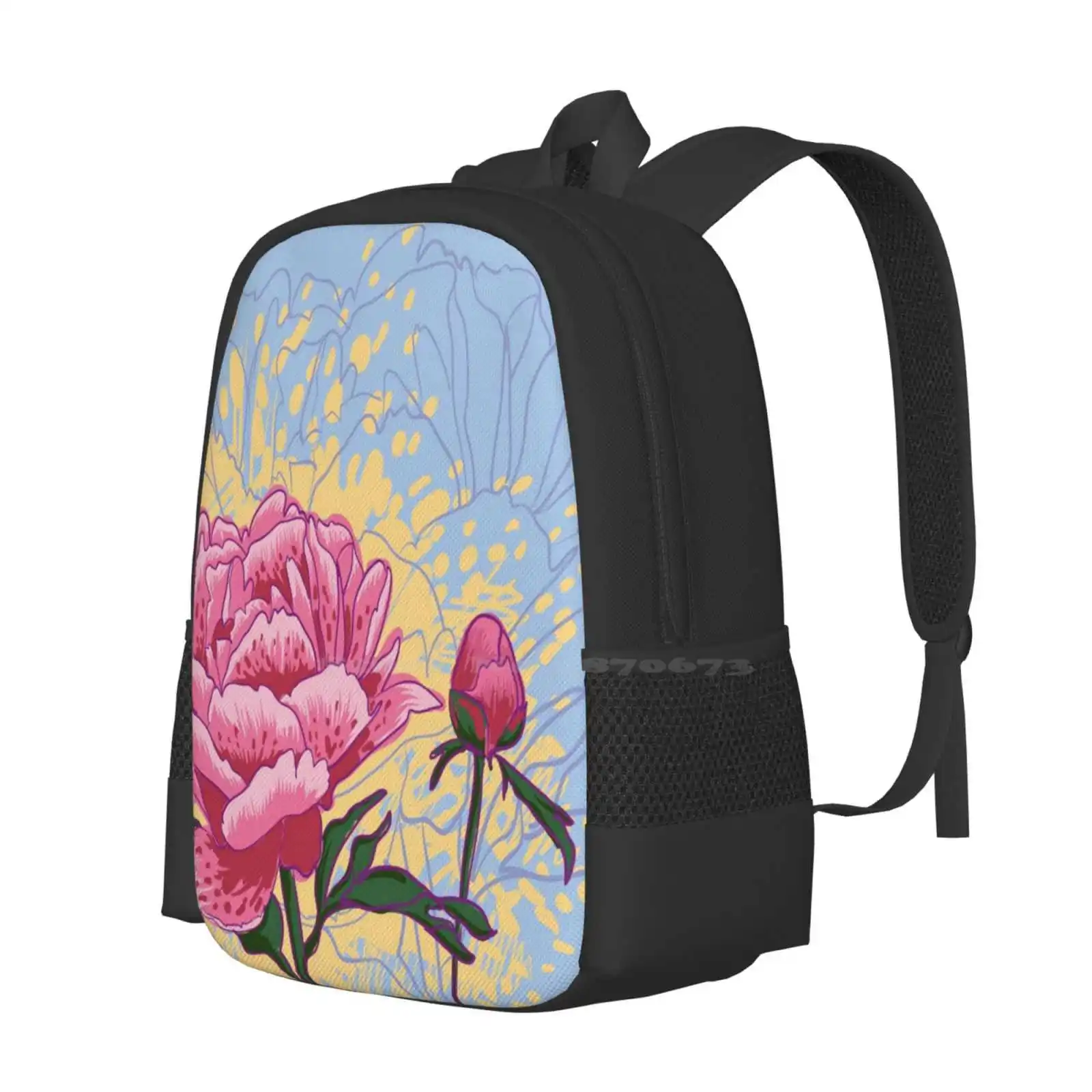 Mochila escolar con diseño de patrón de flores de peonía, bolso para portátil de viaje, línea de pión antiguo, hoja rosa, pétalo, estilo Retro