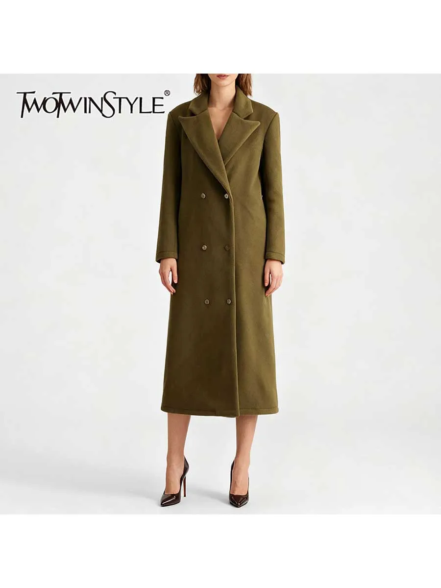 

TWOTWINSTYLE Solid Loose Spliced Double Breasted Basics Coats for Women Lapel Long Sleeves Versatile Long Coat Female Clothing