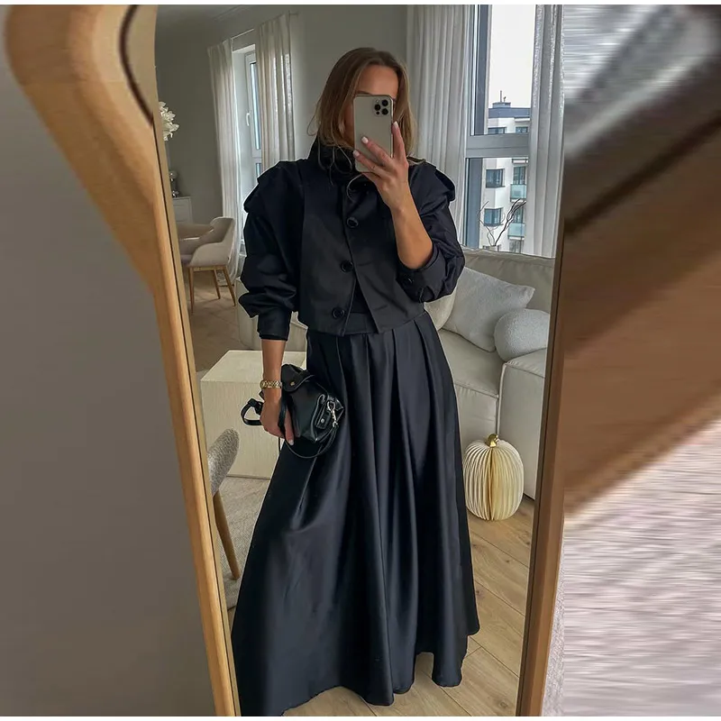 Revers-Langarm-Plissee-Kurzmäntel für Damen, Street-Style, mit Umlegekragen, Epauletten, einreihige Jacken, schicke Damen-Oberbekleidung, neu – Detail 10