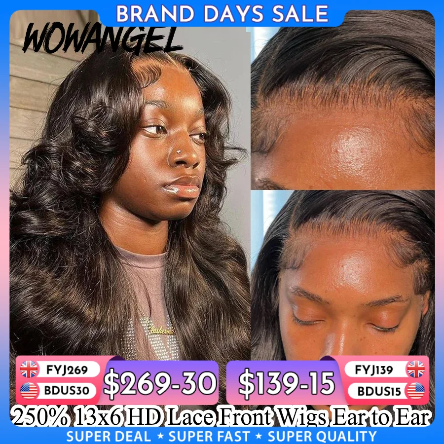 Wow Angel 250% 13x6 HD Lace Front Wig Swiss Lace Melt Skin Pre Plucked Natural Scalp Body Wave Human Hair Wig For Woman Glueless