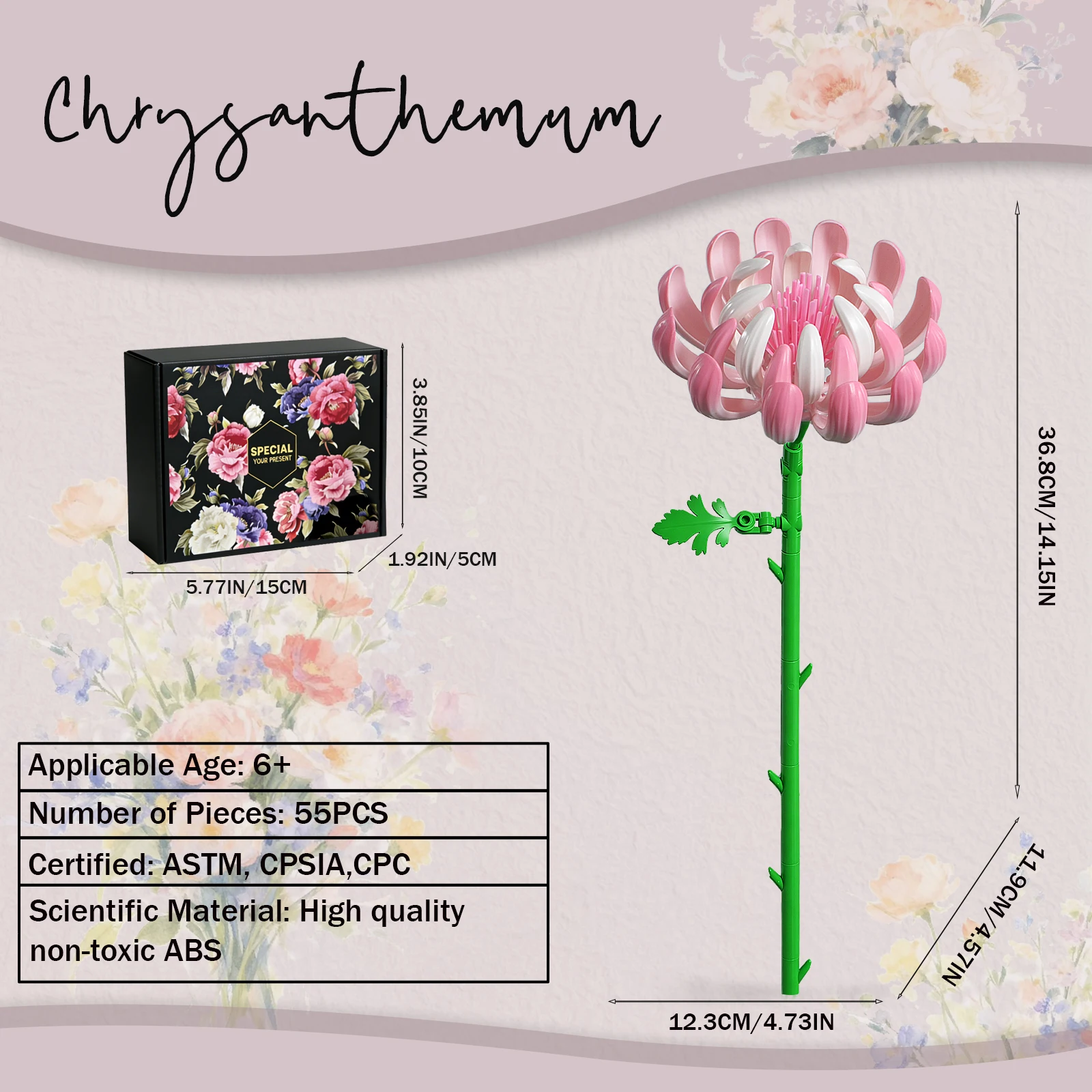 Pink Chrysanthemum Flower Building Block Bouquet,  Ideal for Tabletop Display and DIY Home Decoration(55PCS)