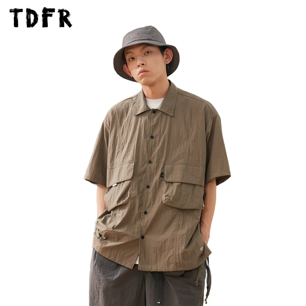 Pocket Cargo Shirts Mens Letter Print Summer Safari Style Casual Loose Lapel Single Breasted Short Sleeve Shirts Men