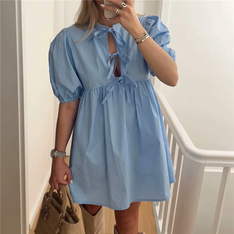 

Woman Sweet Blue Puff Sleeve Short Dress 2024 Summer Girls Cute High Waisted Mini Dresses Female Chic Soft A-Line Dress