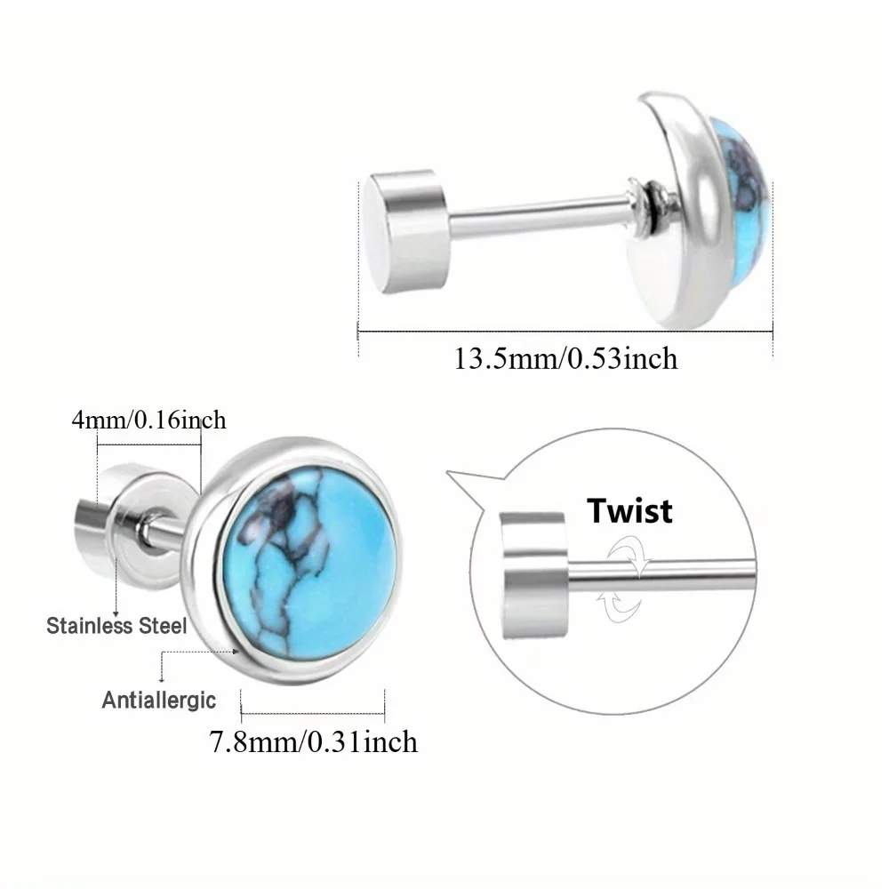 316L Stainless Steel Bohemian Round Turquoise Screw Stud Earrings Hypoallergenic Tarnish Free Vintage for Women Men Ear Jewelry