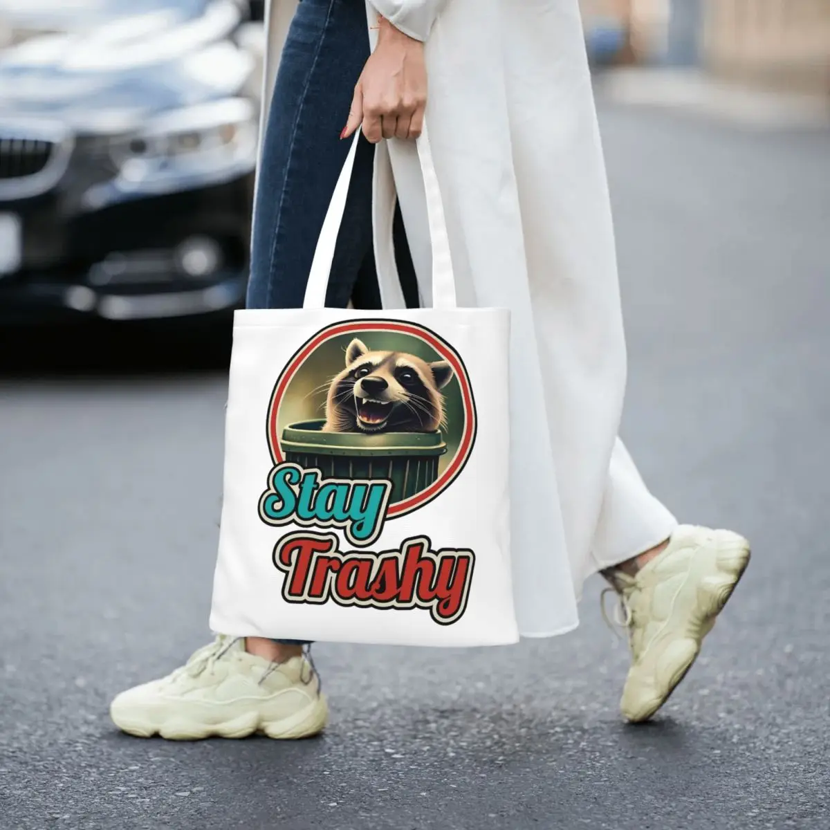 Stay Trashy Funny Happy Raccoon Lover Merch Canvas Tote Bag per le donne Daily Garbage Trash Raccoons borse della spesa