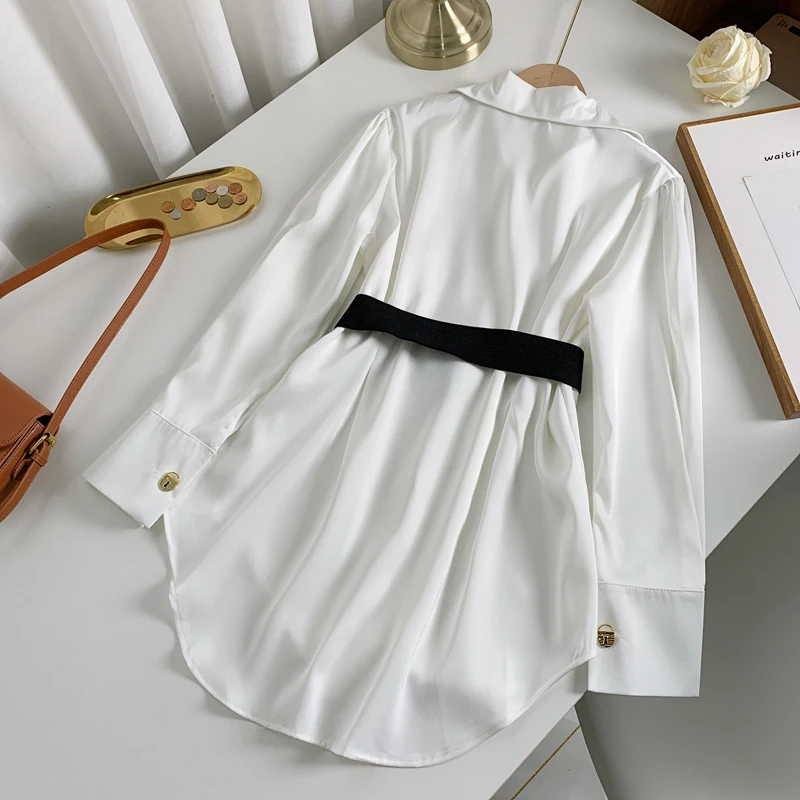 Blouses Spring Fashion Medium Shirts White Black Long Sleeve Shirt Top For Women Belt Lace Up Blouse Elegant