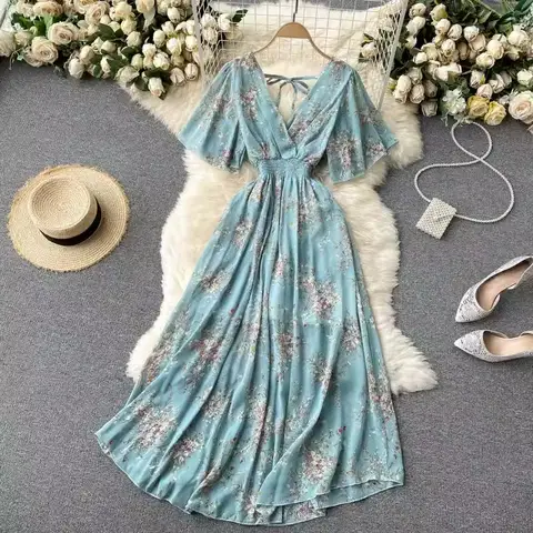 YuooMuoo Women Dress 2025 New Summer Fashion V-neck Print Floral High Waist A-line Chiffon Dress Korean Beach Long Robe Femme