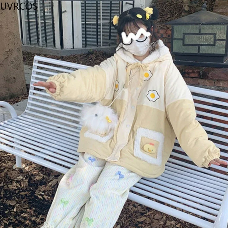 Japanese Sweet Corduroy Parkas Jacket Women Kawaii Y2k Strawberry Embroidery Hooded Outwear Female Autumn Winter Plush Warm Coat - view 6