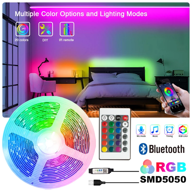 

LED Strip Lights RGB5050 5V Bluetooth Control Color Change Tape for TV Backlight with 24keys 44keys Bedroom Decoration Luces Led