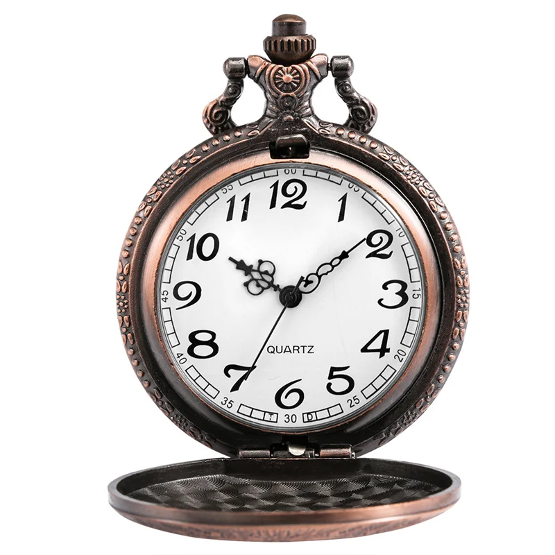 Retro Red Bronze Pocket Watch with Shield Pattern Quartz Movement Pendant Timepiece with Chain Arabic Number Dial Clock