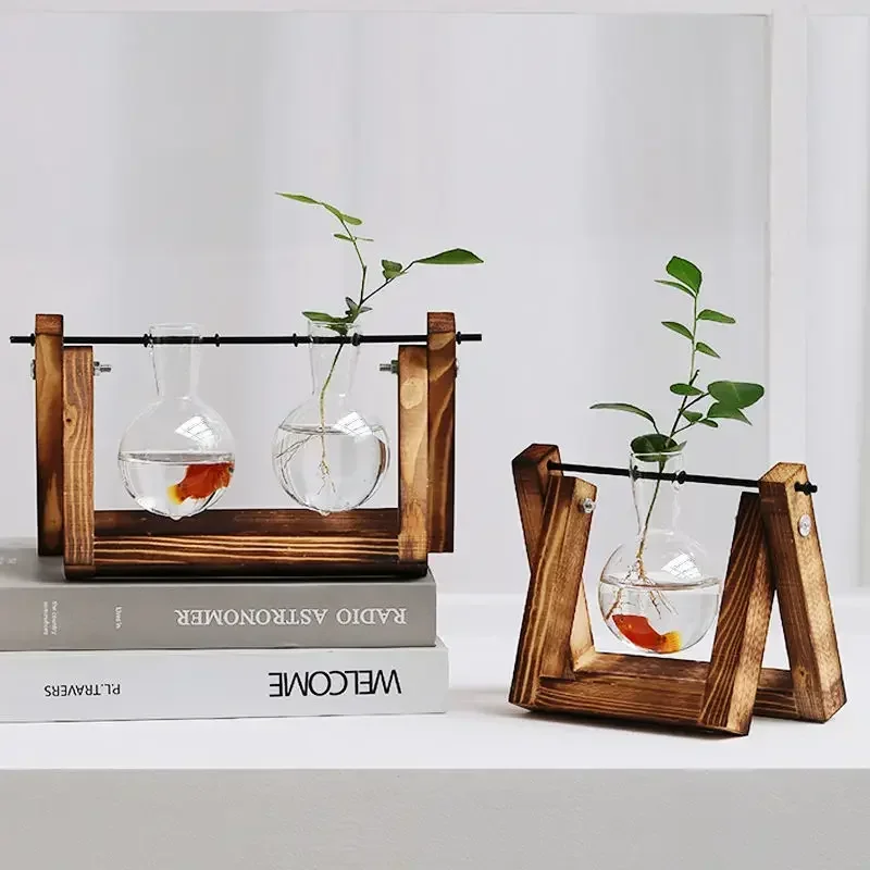 1, 2, 3 Pcs Hydroponic Glass Vase Modern creative wooden Hydroponic plant Glass Vase Office Decoration Home Decoration Ornaments