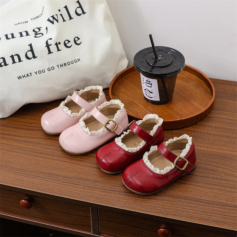 Spring Autumn Girls Leather Shoes Children Lace Princess Shoes Anti Slip Comfortable Soft Sole Birthday Party Toddler Kids Shoes