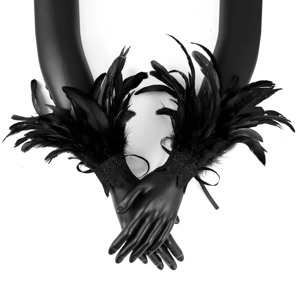 Fashion Black Fluffy Feather Wrist Cuffs Adjustable Lace Halloween Arm Cuff Gloves Gothic Lightweight Plume Bracelet Cosplay