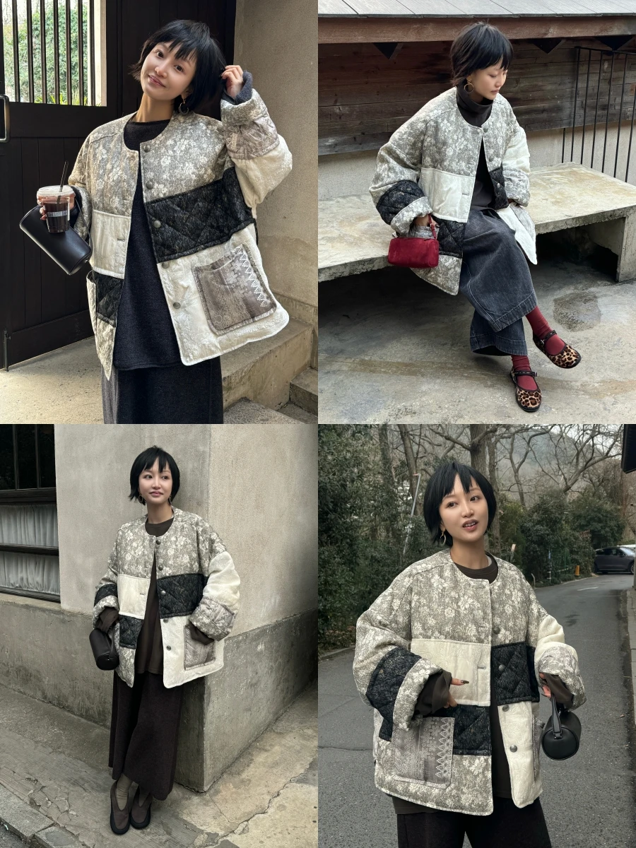 

Owi Patchwork Duvet Coat Loose Silhouette Lightweight Warm Arc Hemline Ten Cloth Faionable Women's Winter Jaet