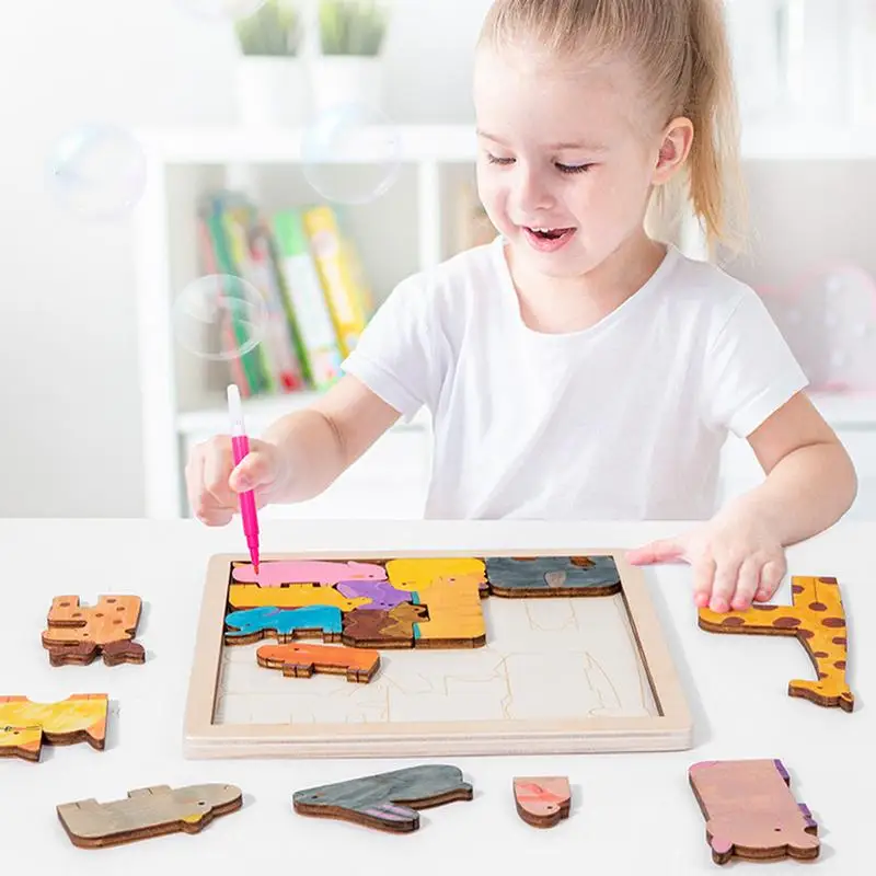 Puzzles d'animaux pour enfants, jeu d'association, kit de peinture, jeux d'apprentissage, puzzles en bois, jouets pour enfants