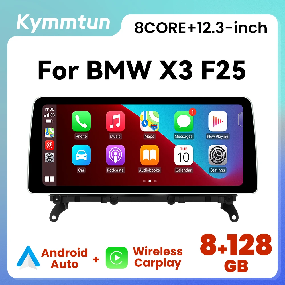Autoradio tactile 12,3 pouces pour BMW X3 F25 X4 F26 CIC NBT avec CarPlay sans fil, Android Auto, navigation GPS 8 cœurs, Wifi 4G
