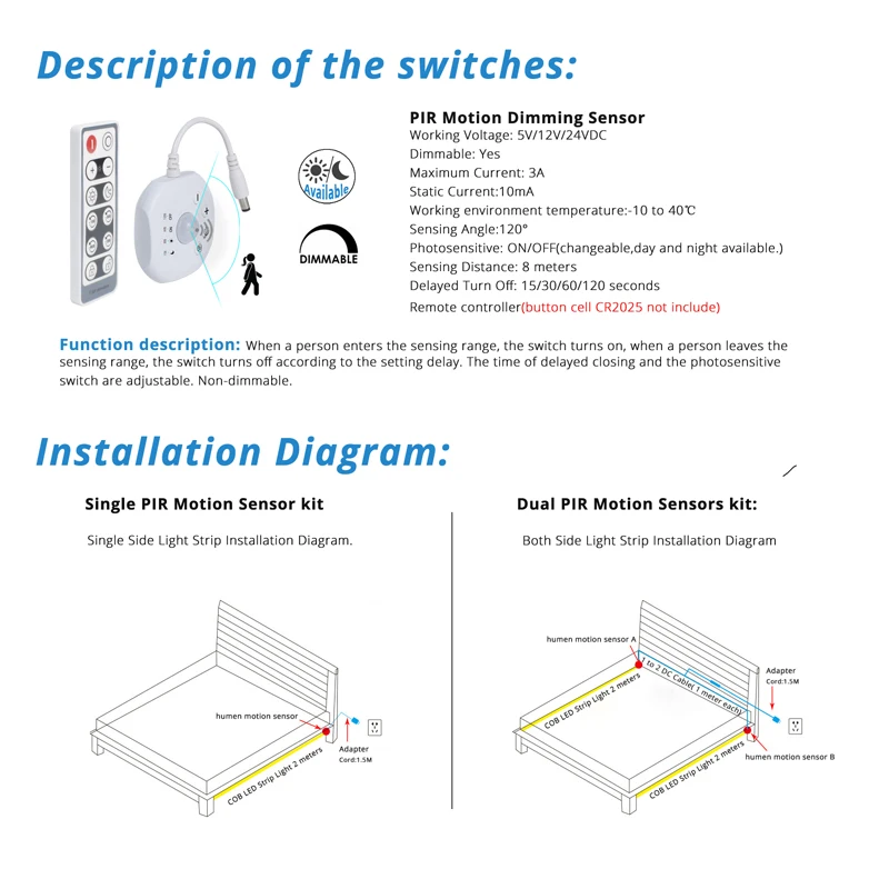Dimmer PIR Motion Sensor Remote Control 5V 12V 24V 3A for LED Tape Strip Light  in Bed Cabinet Stairs Garage Warehouse Corridor