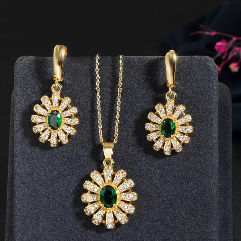 

2 Pcs European and American Crystal Sunflower Earrings Dinner Party Necklace Zircon Jewelry
